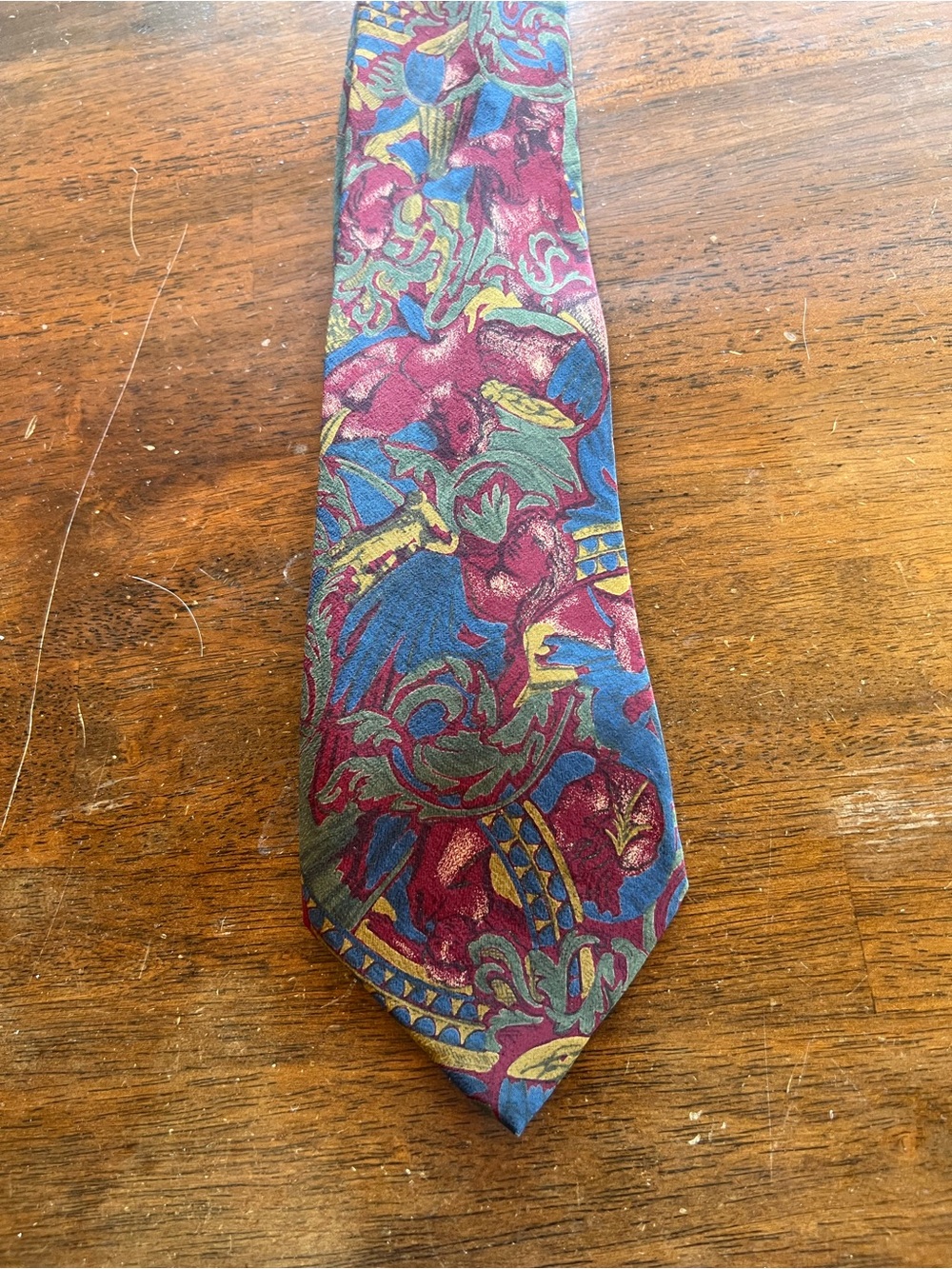 Men's Burgundy Floral Paisley Tie with Blue and Gold Accents